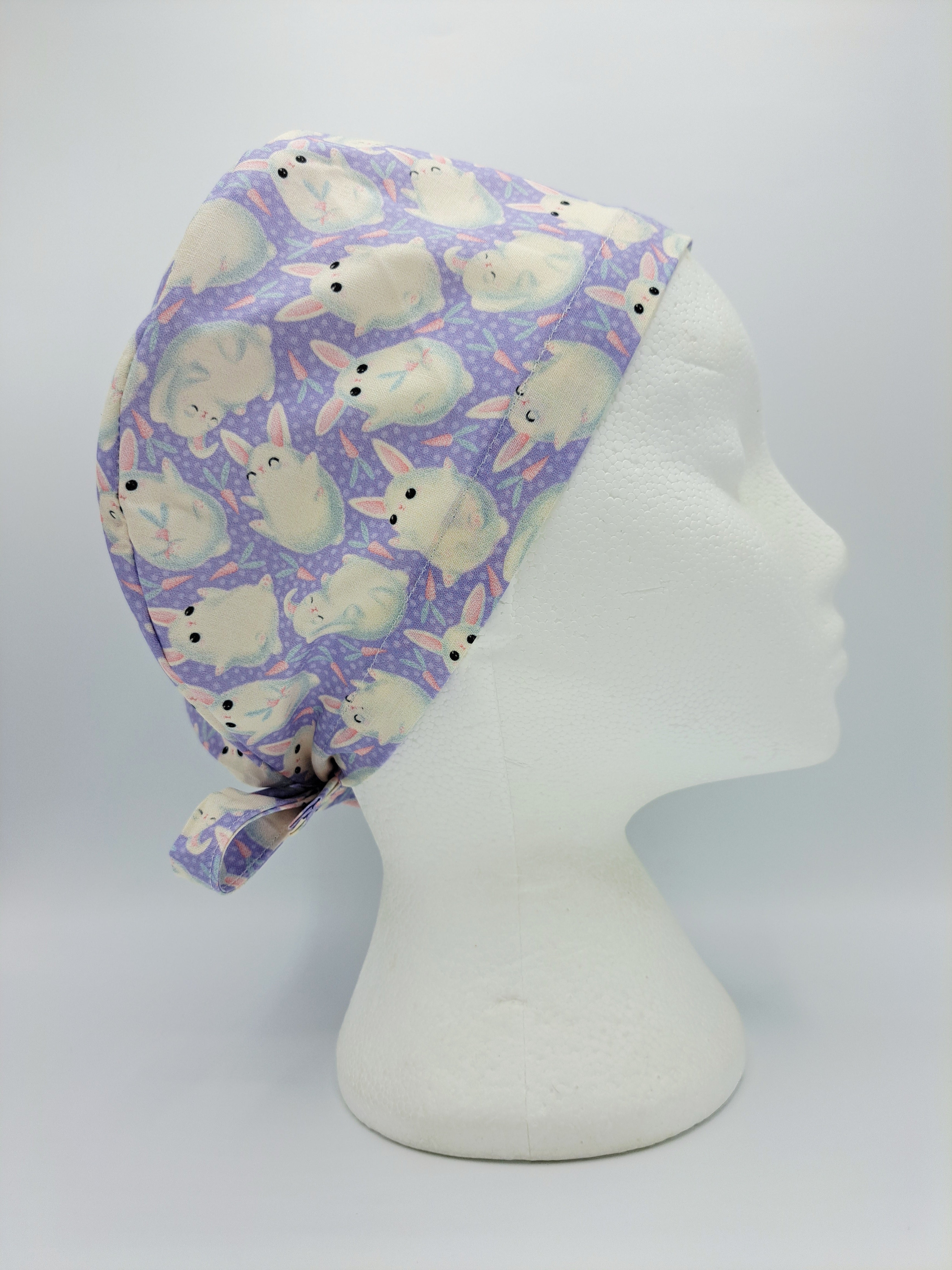 White Rabbits on Purple Scrub Hat Cap