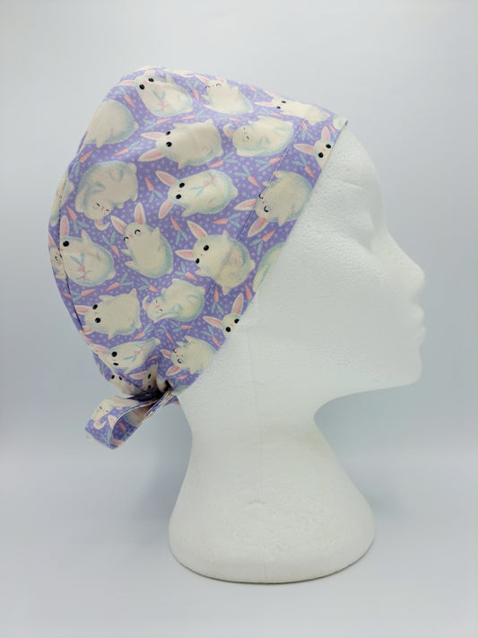 White Rabbits on Purple Scrub Hat Cap
