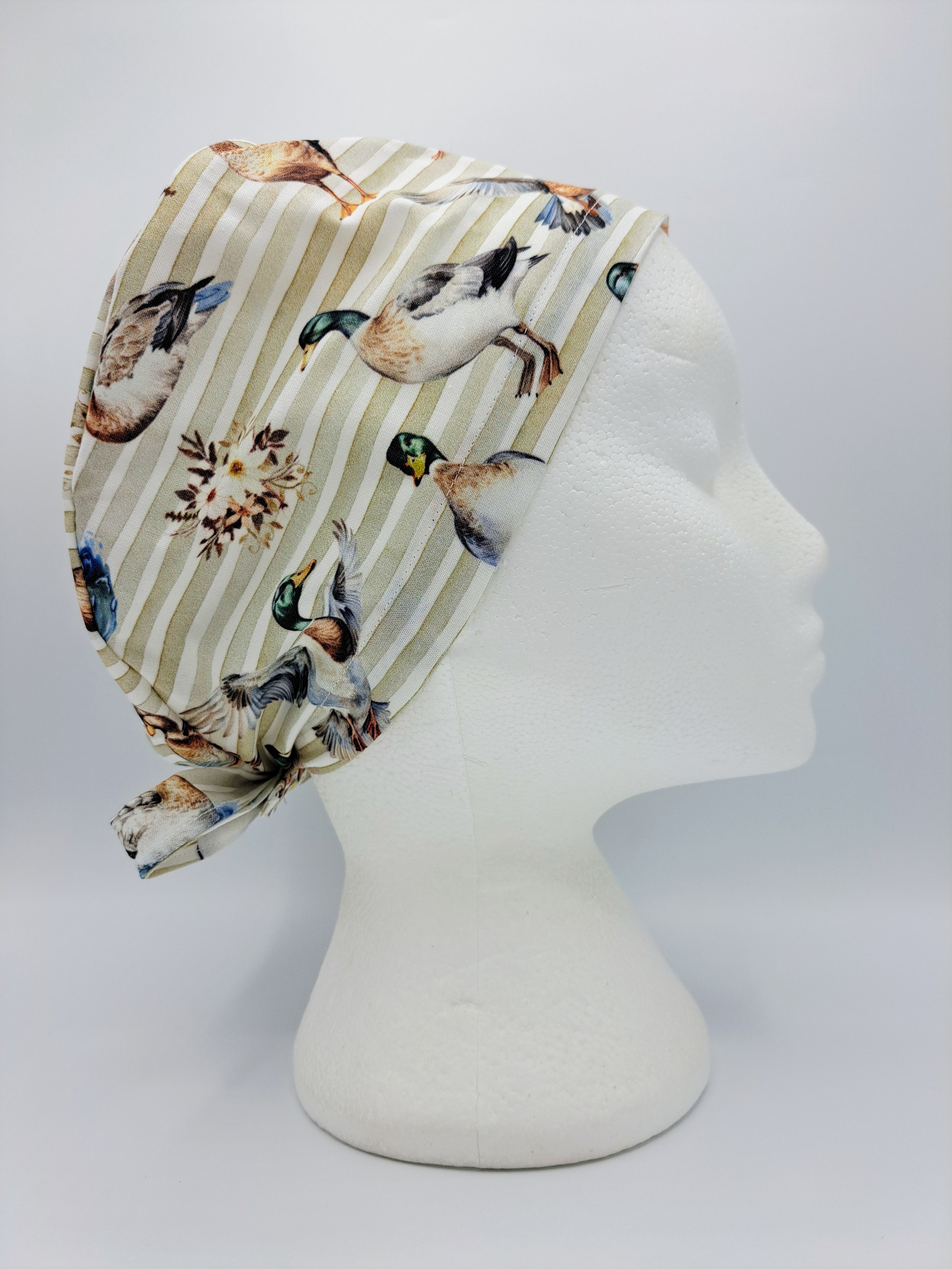 Mallards and Cream Stripes Scrub Hat Cap