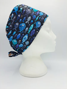 Blue Fish on Black Scrub Hat Cap