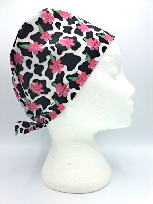 Cow print and Flowers Scrub Hat Cap