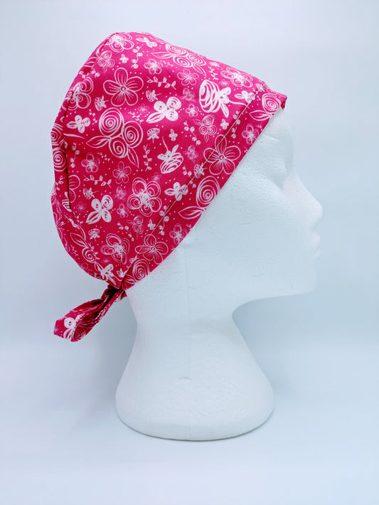 Pink Flower Doodles Scrub Hat